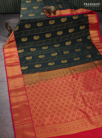 Semi kanchipuram silk saree bottle green and pink with allover zari weaves & buttas and temple design zari woven border