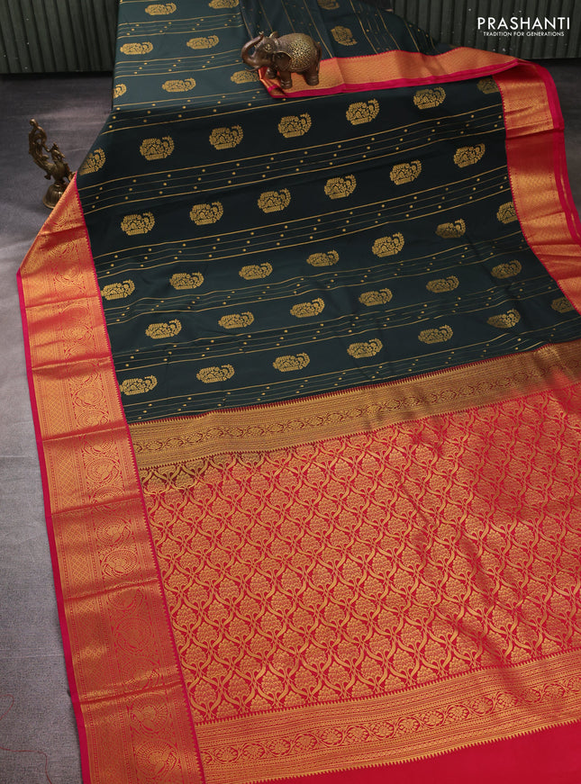 Semi kanchipuram silk saree bottle green and pink with allover zari weaves & buttas and temple design zari woven border