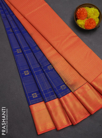 Semi kanchipuram silk saree blue and peach orange with allover zari checks & buttas and temple design zari woven korvai border