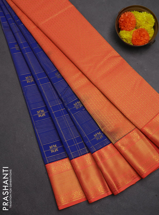 Semi kanchipuram silk saree blue and peach orange with allover zari checks & buttas and temple design zari woven korvai border