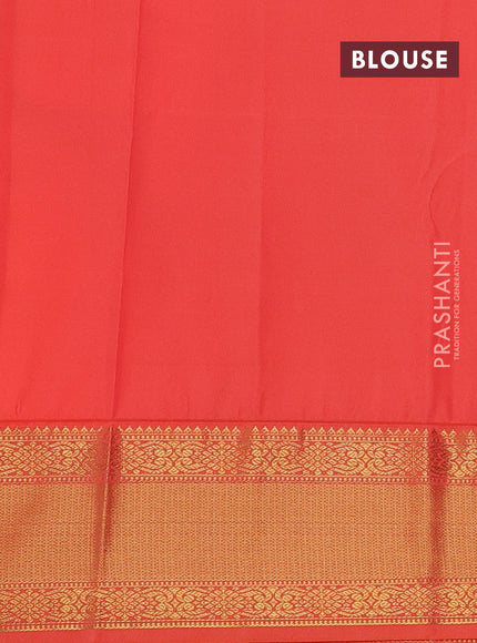 Semi kanchipuram silk saree blue and peach orange with allover zari checks & buttas and temple design zari woven korvai border