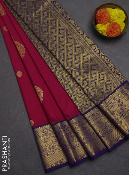 Semi kanchipuram silk saree dark pink and deep violet with zari woven buttas and zari woven border