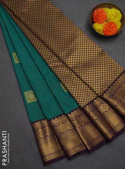 Semi kanchipuram silk saree green and deep purple with allover zari weaves & buttas and temple design zari woven border
