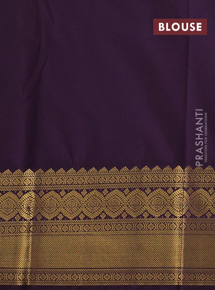 Semi kanchipuram silk saree beige and deep purple with allover zari weaves & buttas and temple design zari woven border