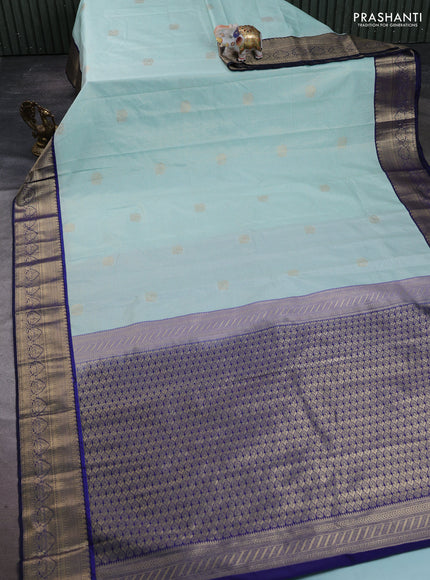 Semi kanchipuram silk saree mild teal and navy blue with allover small zari checks & buttas and zari woven korvai border