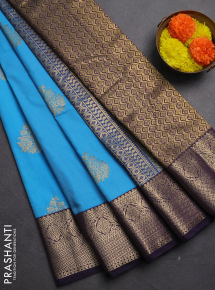 Semi kanchipuram silk saree cs blue and deep purple with zari woven buttas and zari woven border