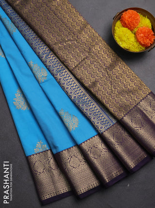 Semi kanchipuram silk saree cs blue and deep purple with zari woven buttas and zari woven border