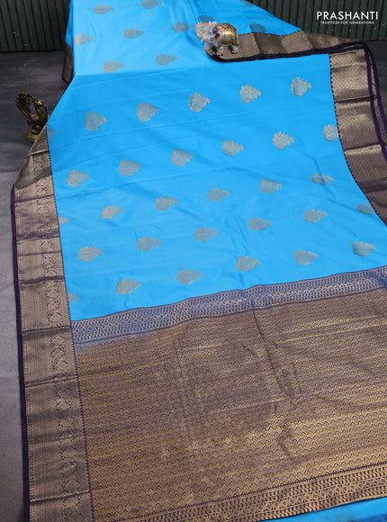 Semi kanchipuram silk saree cs blue and deep purple with zari woven buttas and zari woven border