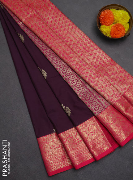Semi kanchipuram silk saree deep wine and pink with zari woven buttas and zari woven korvai border