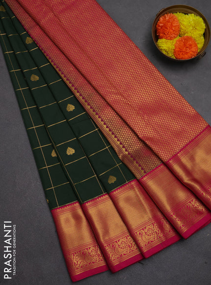 Semi kanchipuram silk saree bottle green and pink with allover zari checks & buttas and zari woven korvai border