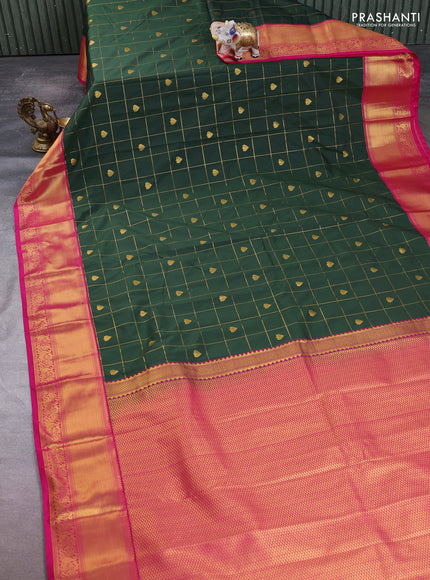 Semi kanchipuram silk saree bottle green and pink with allover zari checks & buttas and zari woven korvai border