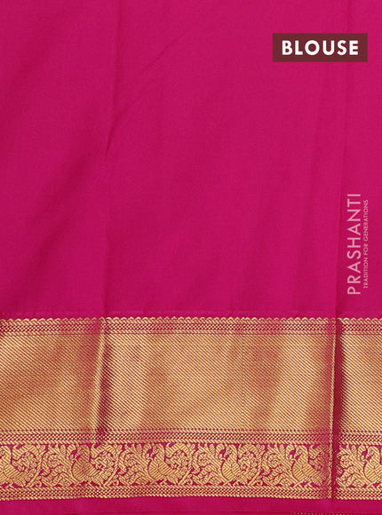 Semi kanchipuram silk saree bottle green and pink with allover zari checks & buttas and zari woven korvai border