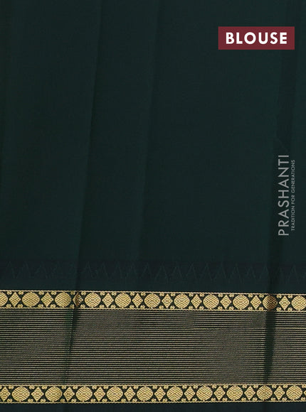 Semi kanchipuram silk saree peach shade and bottle green with zari woven buttas and temple design zari woven border