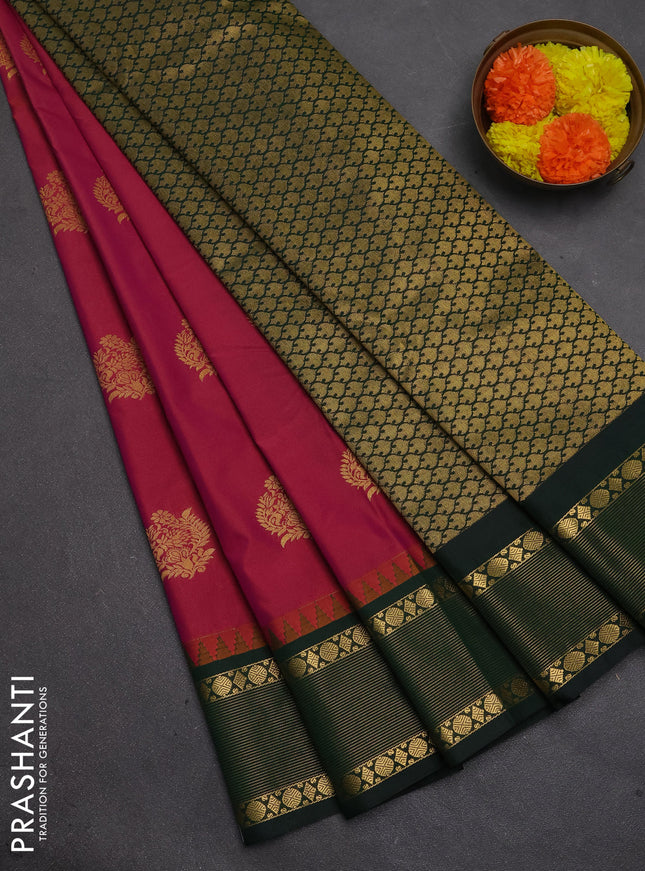 Semi kanchipuram silk saree pink and green with zari woven buttas and temple design zari woven border