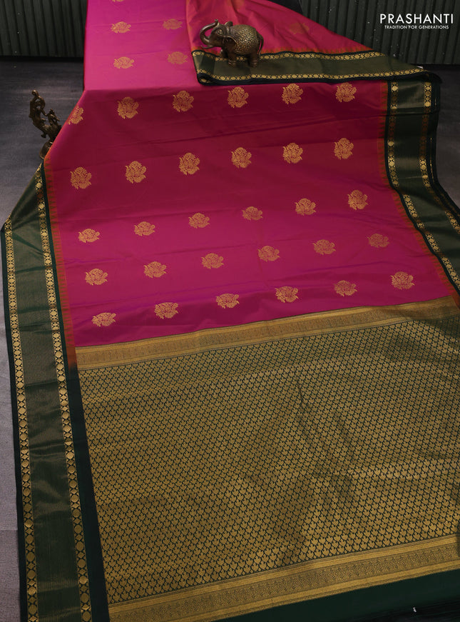 Semi kanchipuram silk saree pink and green with zari woven buttas and temple design zari woven border