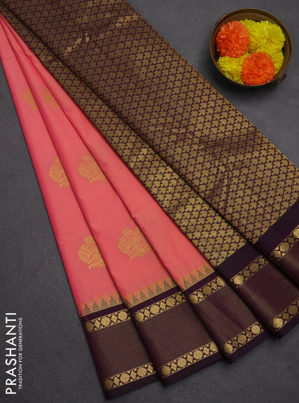 Semi kanchipuram silk saree peach pink and deep purple with zari woven buttas and temple design zari woven border