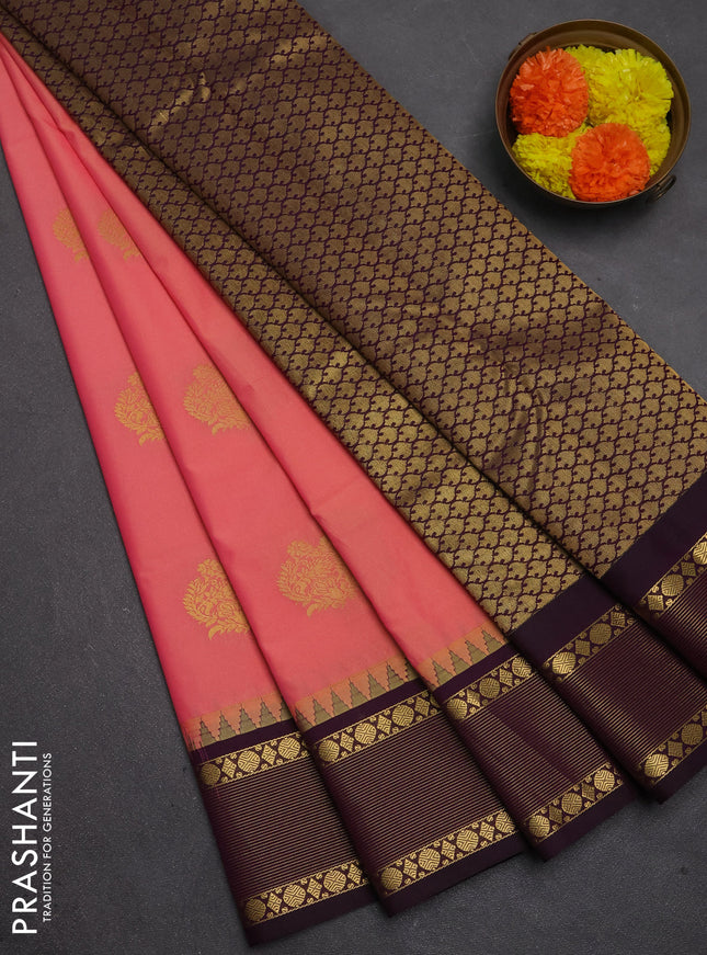 Semi kanchipuram silk saree peach pink and deep purple with zari woven buttas and temple design zari woven border