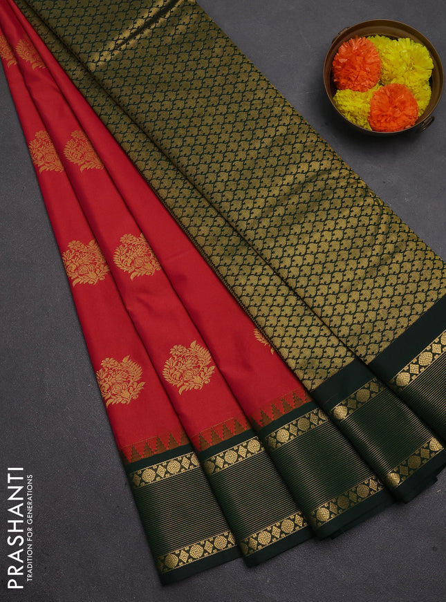 Semi kanchipuram silk saree pinkish red and bottle green with zari woven buttas and temple design zari woven border