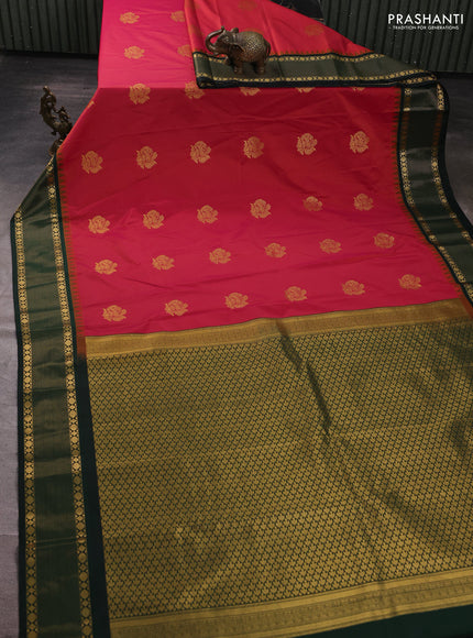 Semi kanchipuram silk saree pinkish red and bottle green with zari woven buttas and temple design zari woven border