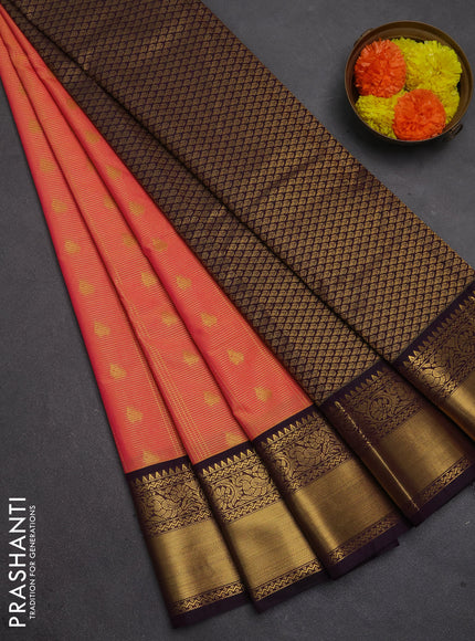 Semi kanchipuram silk saree dual shade of pinkish orange and deep purple with allover zari checks & buttas and temple design rich zari woven border