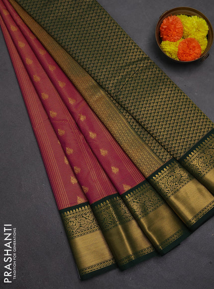 Semi kanchipuram silk saree pink and bottle green with allover zari checks & buttas and temple design rich zari woven border