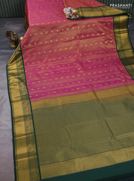 Semi kanchipuram silk saree pink and bottle green with allover zari checks & buttas and temple design rich zari woven border