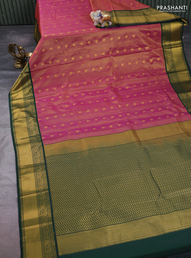 Semi kanchipuram silk saree pink and bottle green with allover zari checks & buttas and temple design rich zari woven border