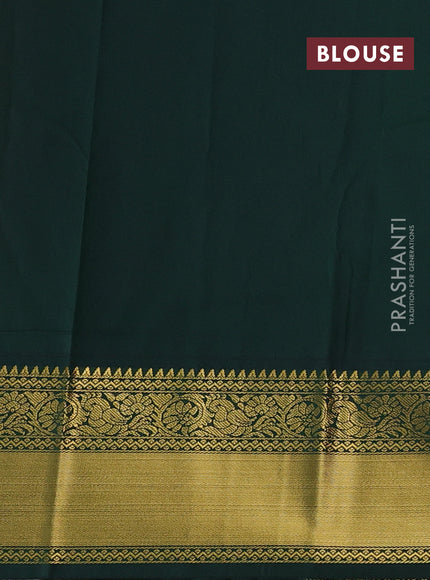 Semi kanchipuram silk saree pink and bottle green with allover zari checks & buttas and temple design rich zari woven border