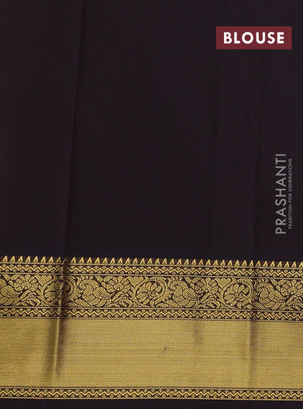 Semi kanchipuram silk saree mustard yellow and coffee brown with allover zari checks & buttas and temple design rich zari woven border