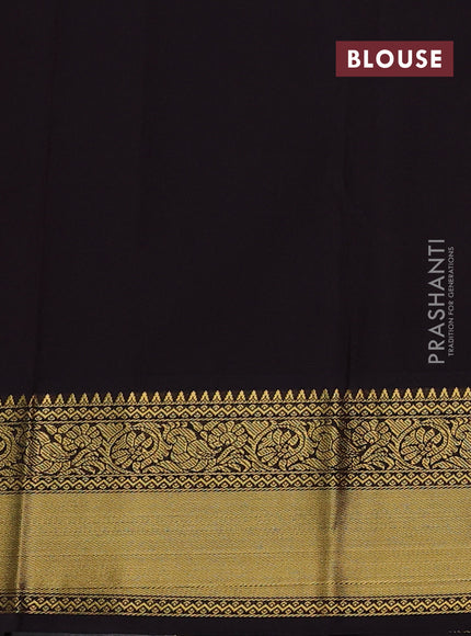 Semi kanchipuram silk saree dual shade of pinkish orange and coffee brown with allover zari checks & buttas and temple design rich zari woven border