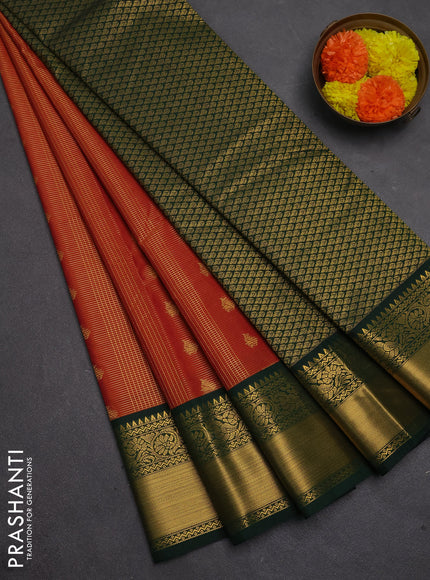 Semi kanchipuram silk saree rust shade and bottle green with allover small zari checks & buttas and temple design rich zari woven korvai border