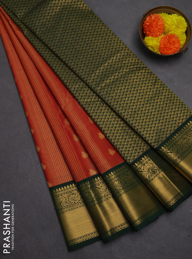 Semi kanchipuram silk saree rust shade and bottle green with allover small zari checks & buttas and temple design rich zari woven korvai border