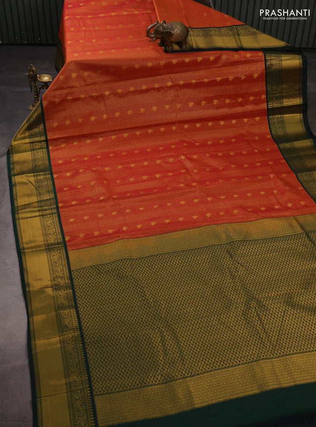 Semi kanchipuram silk saree rust shade and bottle green with allover small zari checks & buttas and temple design rich zari woven korvai border