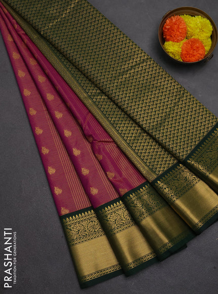 Semi kanchipuram silk saree magenta pink and bottle green with allover small zari checks & buttas and temple design rich zari woven korvai border
