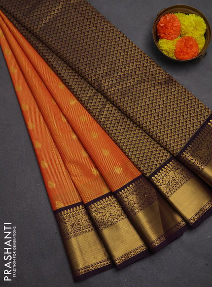 Semi kanchipuram silk saree orange and deep purple with allover small zari checks & buttas and temple design rich zari woven korvai border