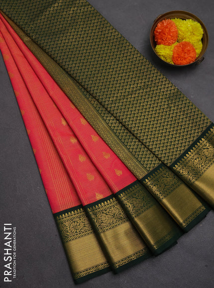 Semi kanchipuram silk saree tomato pink and bottle green with allover zari checks & buttas and rich temple design zari woven border
