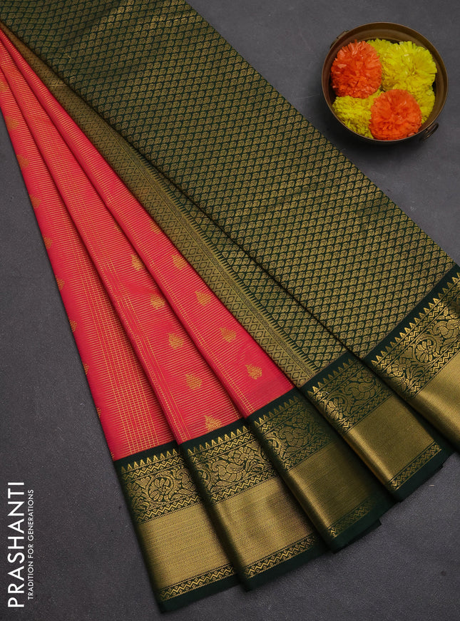 Semi kanchipuram silk saree tomato pink and bottle green with allover zari checks & buttas and rich temple design zari woven border