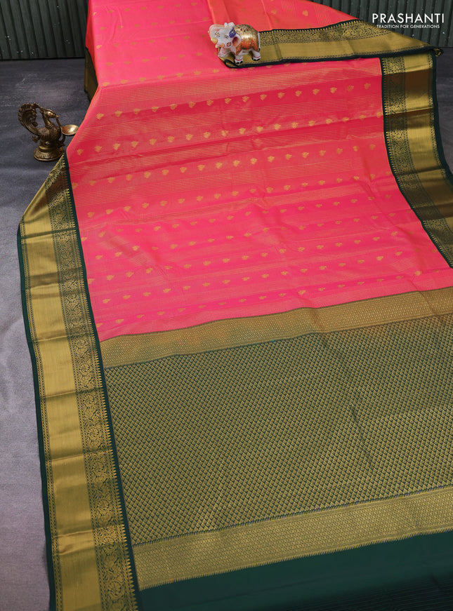 Semi kanchipuram silk saree tomato pink and bottle green with allover zari checks & buttas and rich temple design zari woven border