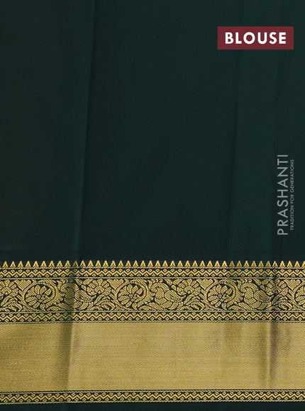 Semi kanchipuram silk saree tomato pink and bottle green with allover zari checks & buttas and rich temple design zari woven border