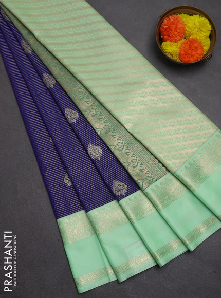 Semi kanchipuram silk saree navy blue and mild teal green with allover zari weaves & buttas and rettapet zari woven border