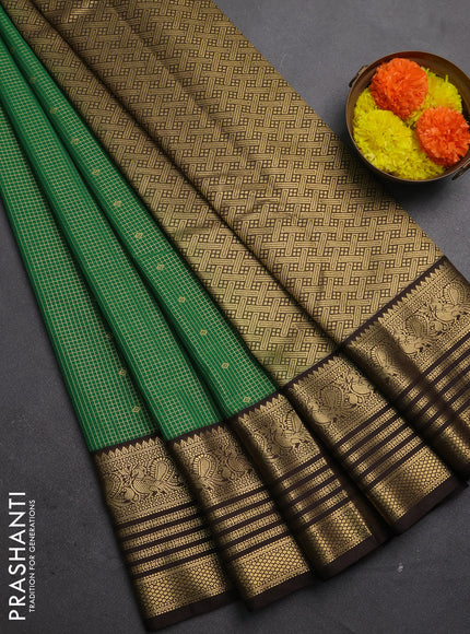 Semi kanchipuram silk saree green and coffee brown with allover small zari checks & buttas and temple desgin zari woven border