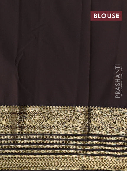 Semi kanchipuram silk saree green and coffee brown with allover small zari checks & buttas and temple desgin zari woven border