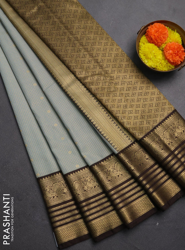 Semi kanchipuram silk saree grey shade and coffee brown with allover small zari checks & buttas and temple desgin zari woven border