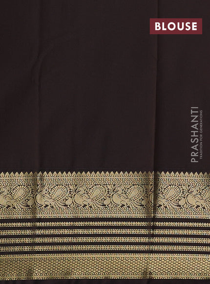 Semi kanchipuram silk saree grey shade and coffee brown with allover small zari checks & buttas and temple desgin zari woven border