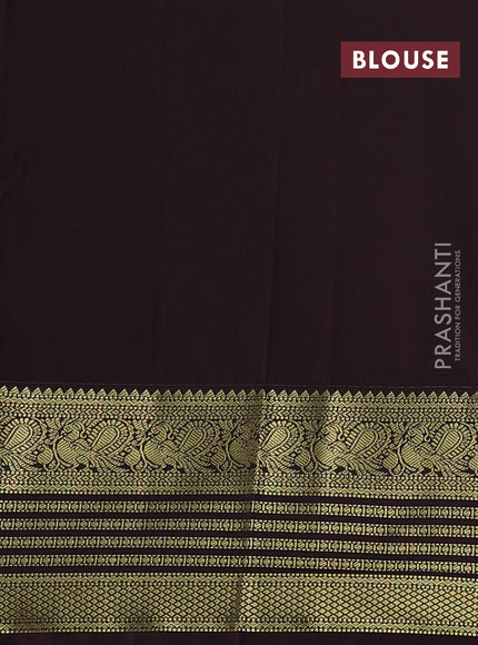 Semi kanchipuram silk saree mild pista green and coffee brown with allover small zari checks & buttas and temple desgin zari woven border