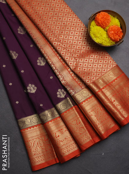 Semi kanchipuram silk saree deep wine and orange with allover zari woven buttas and long zari woven border