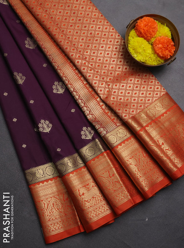 Semi kanchipuram silk saree deep wine and orange with allover zari woven buttas and long zari woven border