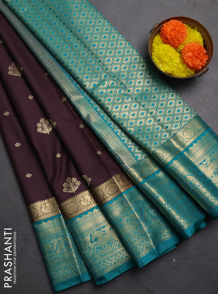 Semi kanchipuram silk saree coffee brown and teal green with allover zari woven buttas and long zari woven border