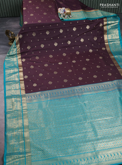 Semi kanchipuram silk saree coffee brown and teal green with allover zari woven buttas and long zari woven border