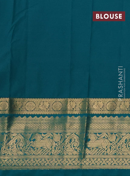 Semi kanchipuram silk saree mustard yellow and teal green with allover zari woven buttas and long zari woven border